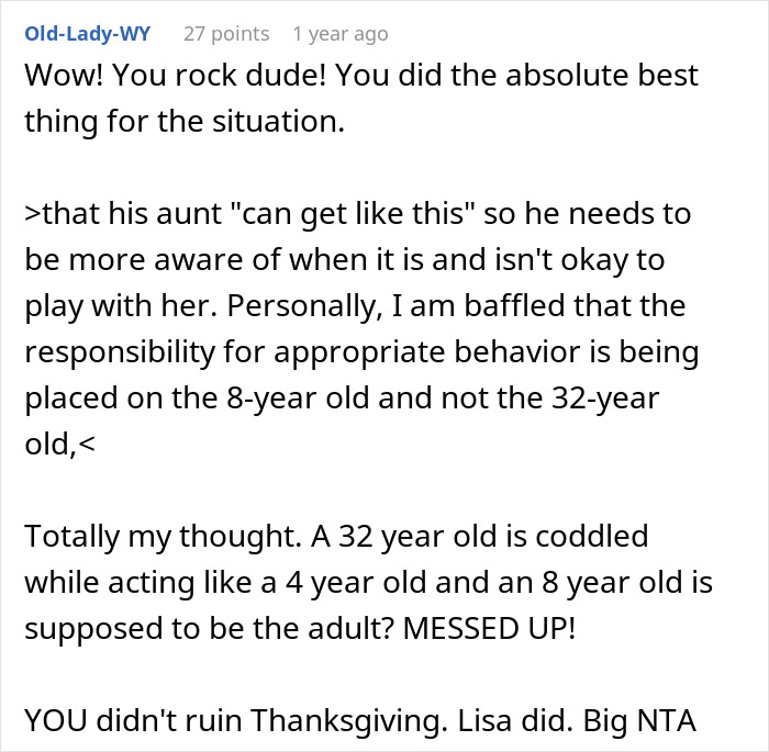 Comment praising husband dragging wife and kids from Thanksgiving after sister&rsquo;s major tantrum, discussing family dynamics.