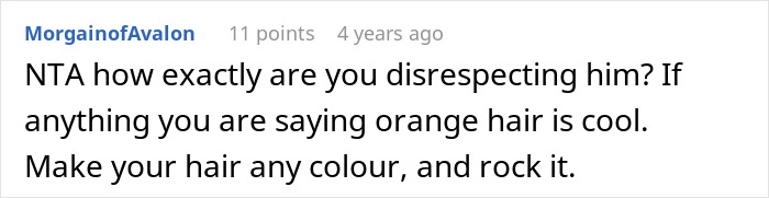 Online comment defending dyeing hair orange, encouraging individuality and confidence despite classmate drama.
