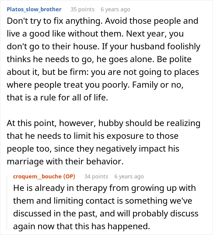 Reddit comments discussing in-laws making fun of woman and ruining Thanksgiving dinner, impacting family relationships. Reddit comments discussing in-laws making fun of woman and ruining Thanksgiving dinner, impacting family relationships.
