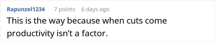 Screenshot of an online comment discussing productivity and employee feelings about overworking roles.