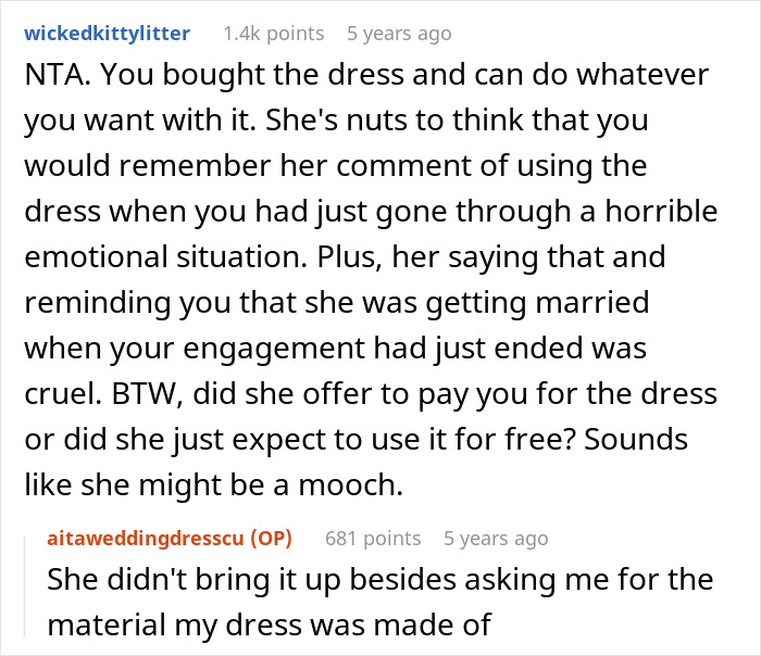 Reddit discussion about sister surprised and upset after woman remade wedding dress instead of gifting it. Reddit discussion about sister surprised and upset after woman remade wedding dress instead of gifting it.