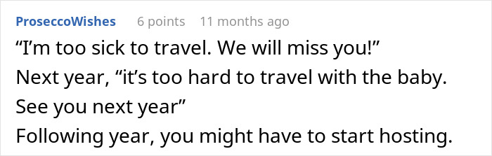 Comment thread discussing how pregnant woman may want to skip Thanksgiving due to MIL&rsquo;s cooking being bad and hazardous.