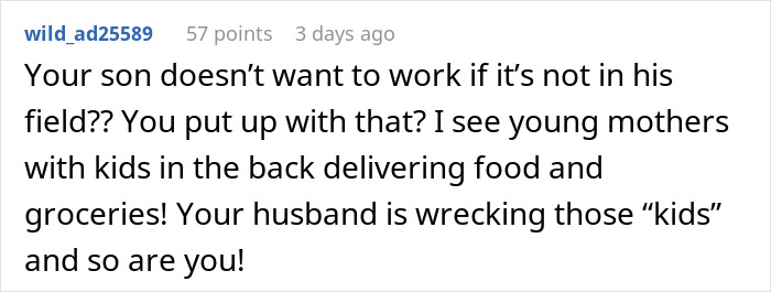 Screenshot of a comment criticizing a husband&rsquo;s unwillingness to work, discussing retirement and children finances concerns.