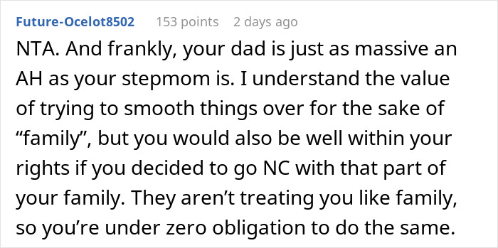 Reddit comment discussing family conflict and stepdaughter’s sexuality during a tense Thanksgiving gathering. Reddit comment discussing family conflict and stepdaughter’s sexuality during a tense Thanksgiving gathering.