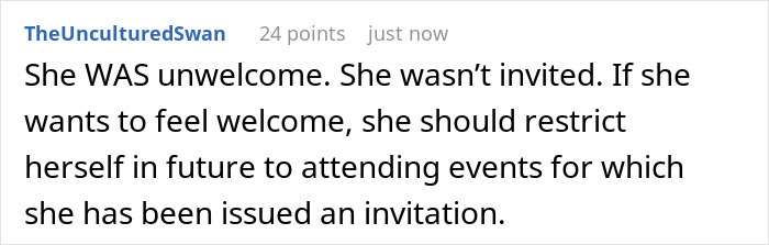 Comment text discussing how MIL was unwelcome and should only attend events to which she was invited, related to Thanksgiving food hogging. Comment text discussing how MIL was unwelcome and should only attend events to which she was invited, related to Thanksgiving food hogging.