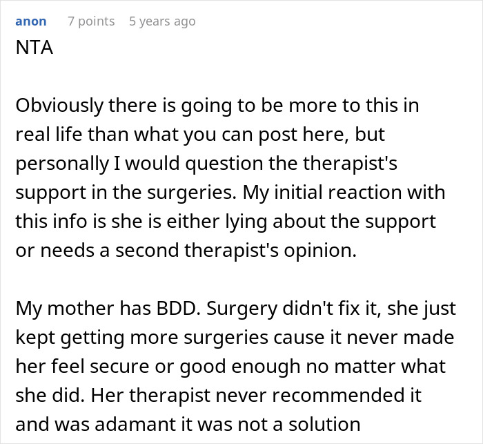 Woman questions fairness of sister&rsquo;s $4k plastic surgery request amid body dysmorphia concerns.