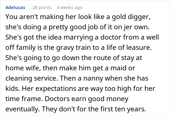 Online comment discussing future daughter-in-law demanding an $80,000 wedding and wealthy in-laws requesting a prenup.
