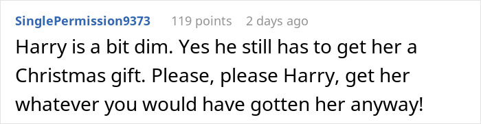 Screenshot of a Reddit comment discussing a man who thinks his proposal counts as a Christmas gift, receiving a reality check.