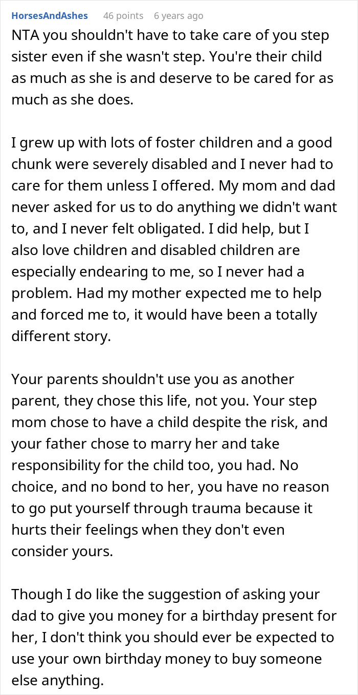 Screenshot of online advice forum discussing a sad teen who refuses to visit a special needs stepsister in hospital.