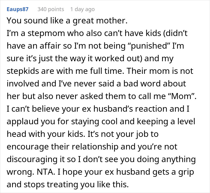 Comment praising a stepmom who can’t have kids and stays calm amid ex-husband’s anger about infertility and family issues. Comment praising a stepmom who can’t have kids and stays calm amid ex-husband’s anger about infertility and family issues.