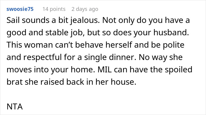 Screenshot of a Reddit comment discussing a woman refusing homeless sister-in-law to move in, citing respect and stability.