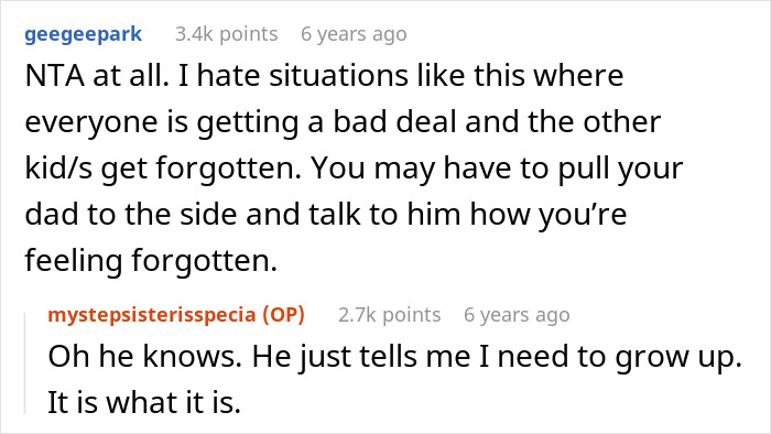 Reddit comments showing a sad teen refusing to visit special needs stepsister in hospital, expressing feelings of being forgotten.