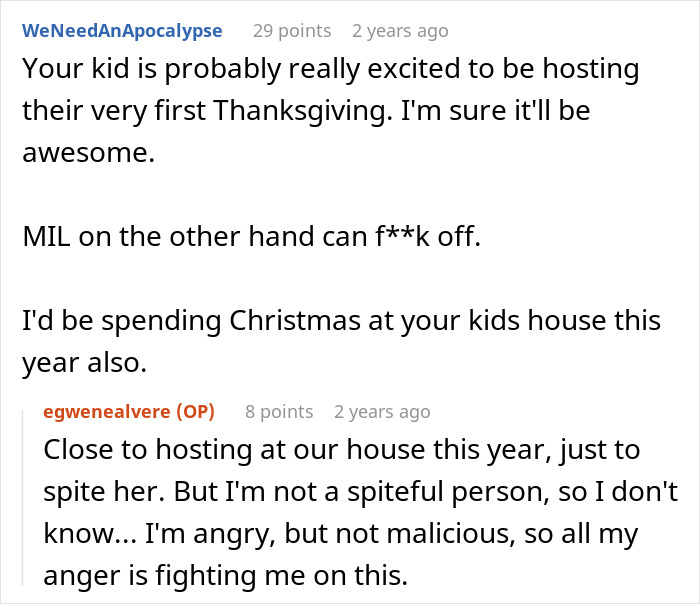 Reddit conversation showing a woman upset about celebrating Thanksgiving with her kid while her MIL explodes angrily.