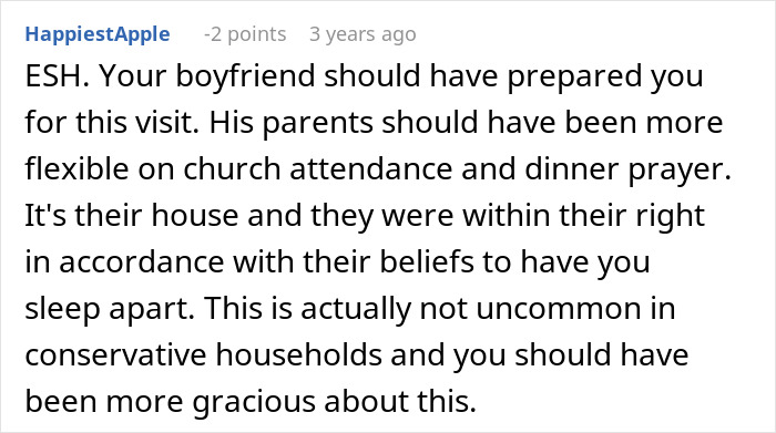 Comment discussing a MIL making son's girlfriend sleep in a different room due to church and prayer beliefs during a visit.