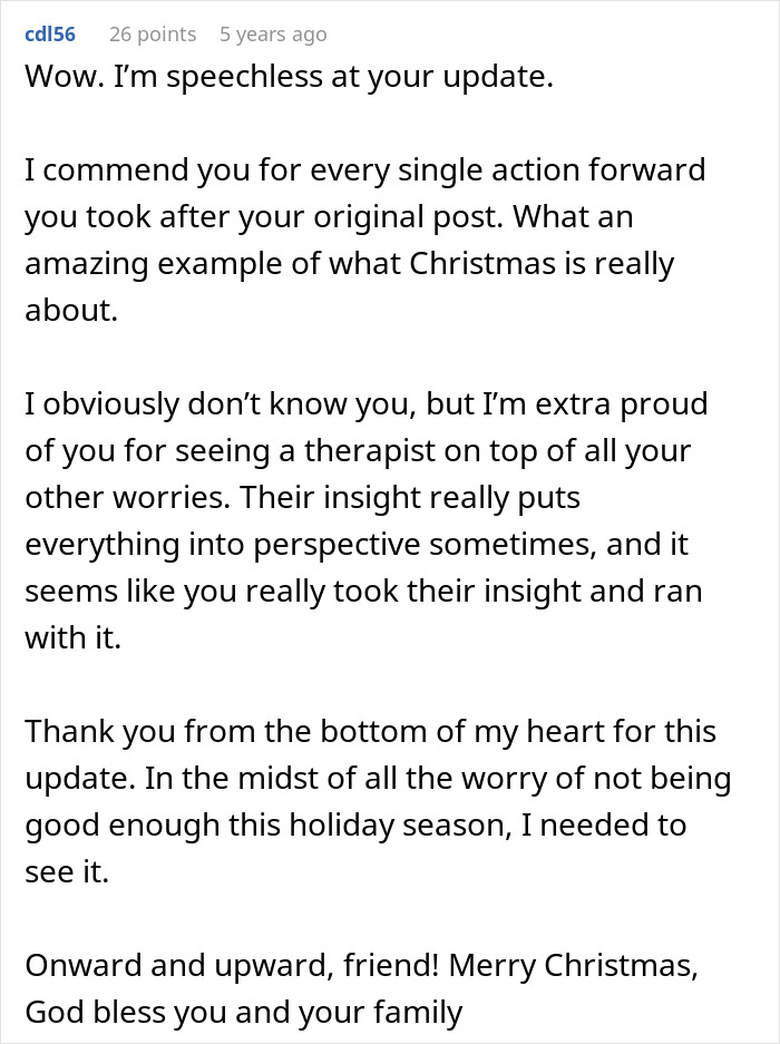 Reddit comment expressing support for a father wanting to cancel Christmas due to financial struggles and emotional challenges.