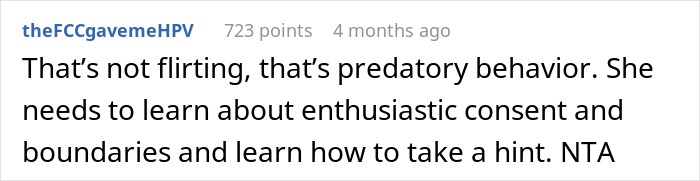 Screenshot of a comment addressing polyamorous woman making a pass at a taken guy and the resulting confrontation with his girlfriend.