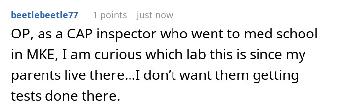 Screenshot of a Reddit comment discussing a CAP inspector&rsquo;s concerns about lab testing location affecting office shutdown.