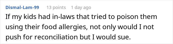 Comment about in-laws using food allergies to harm kids, reflecting tension during Thanksgiving family gatherings.