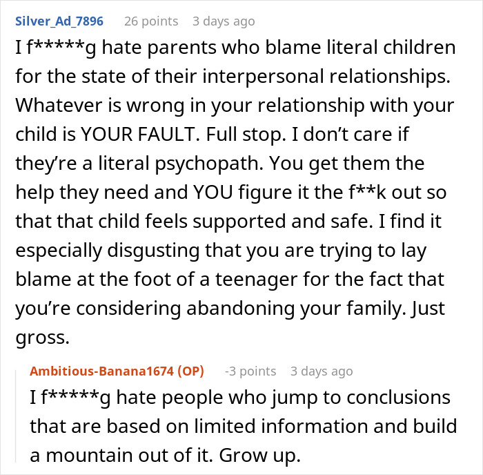Screenshot of online comments discussing a man suffering a teen&rsquo;s rude attitude and considering dumping his whole family.