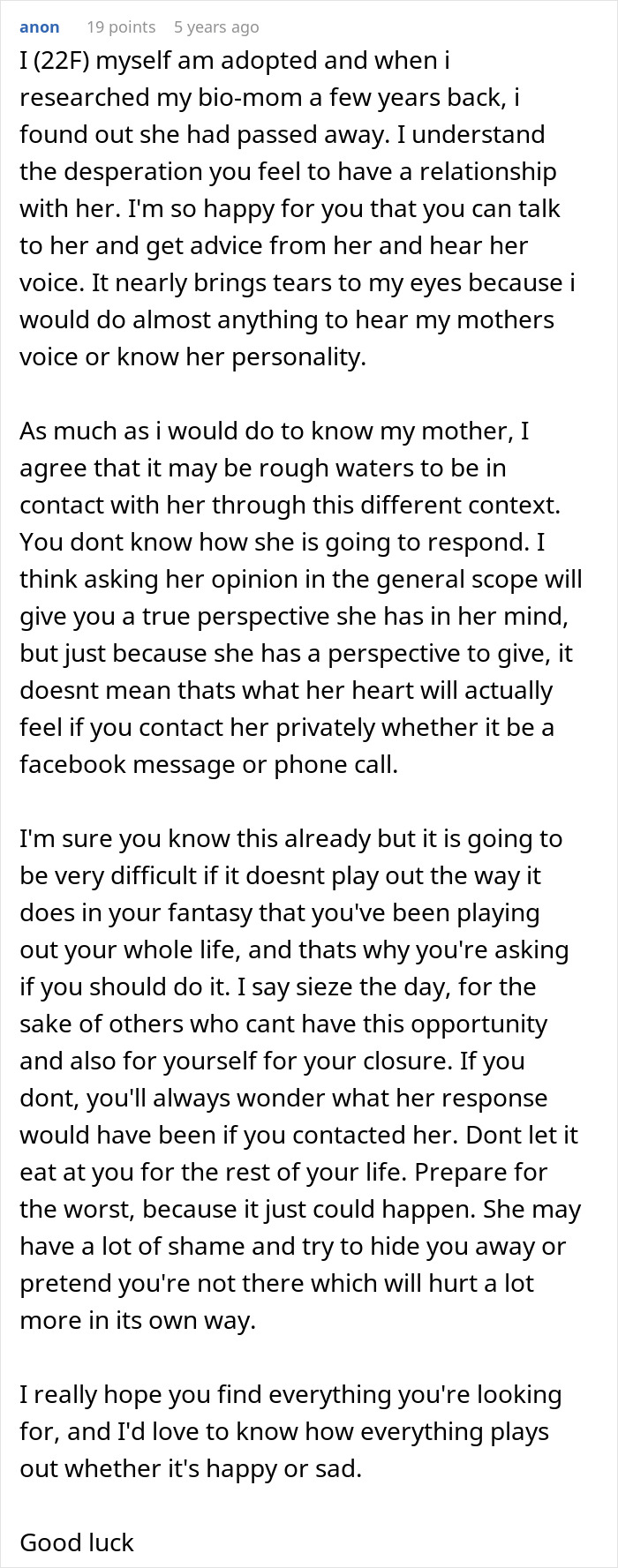 Alt text: Woman's heartfelt message about adoption, reuniting with bio family, and adoptive parents' threats and challenges.