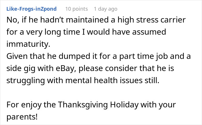 Comment discussing husband's stress and mental health struggles related to buying items for Thanksgiving preparations.