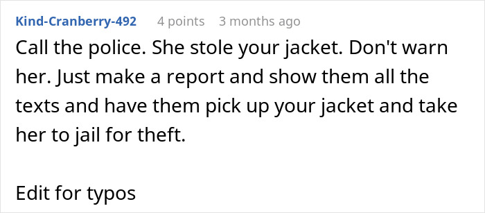 Screenshot of a Reddit comment advising to report coworker who stole an expensive jacket to the police for theft.