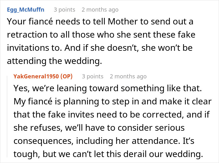 Comments discussing a fianc&eacute;&rsquo;s plans to address secret wedding invites sent by mother-in-law to protect family image.