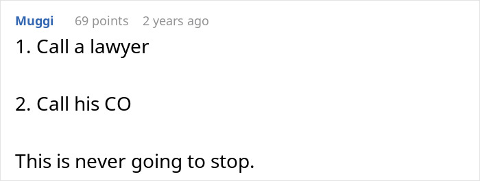 Screenshot of a comment advising to call a lawyer and commanding officer about a man lying about a master&rsquo;s degree.