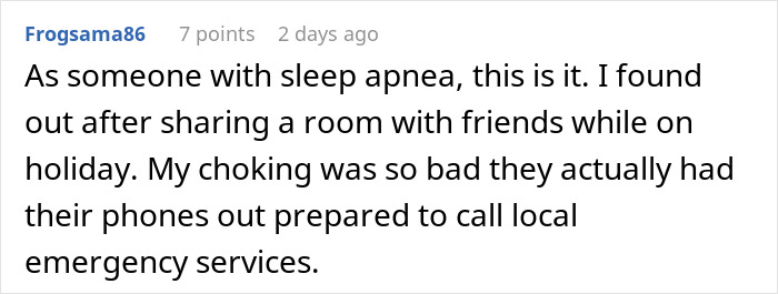 Comment about woman&rsquo;s struggle with roommate&rsquo;s snoring causing sleepless nights and disruptive sleep apnea symptoms.