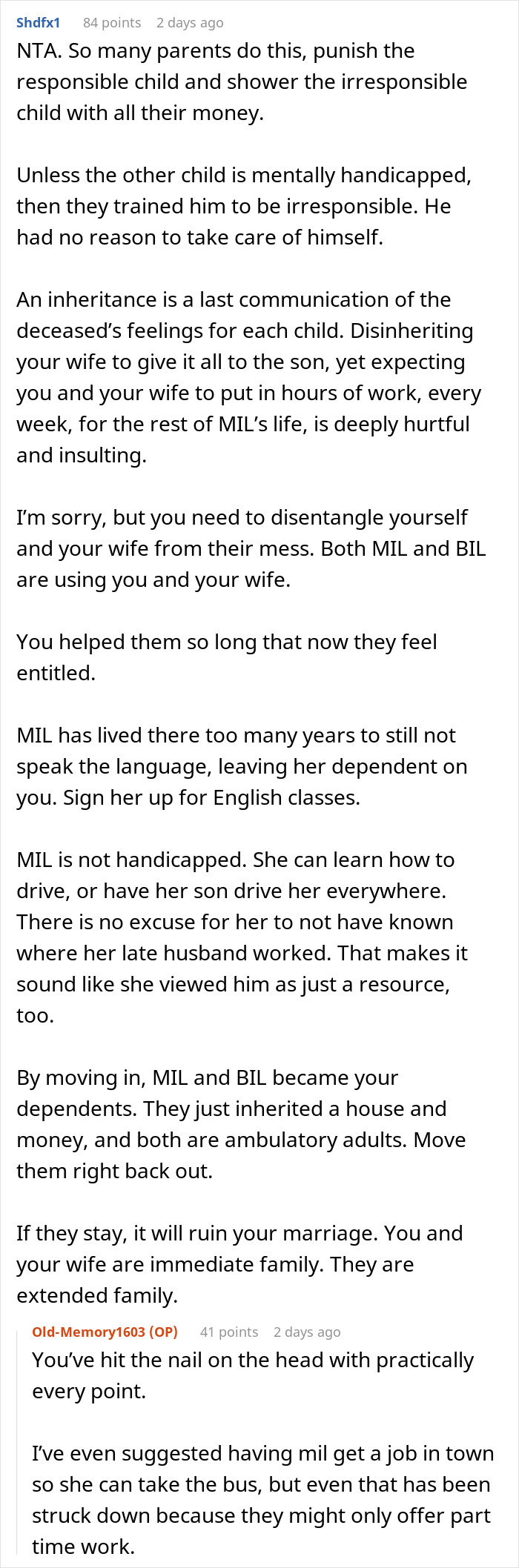 Reddit comment discussing man housing and supporting his in-laws while dealing with inheritance and family conflict issues