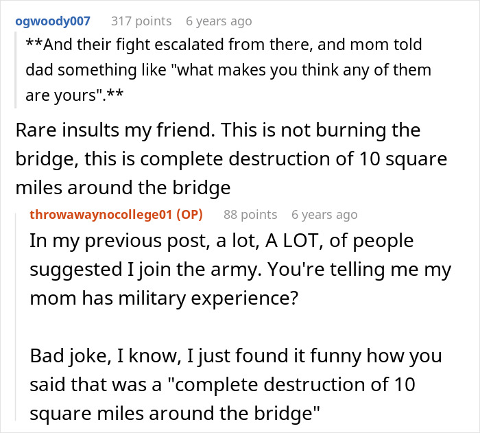 Screenshot of a Reddit conversation discussing a mom&rsquo;s affair, college money, and dad&rsquo;s reaction in an online argument thread.