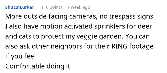 Comment discussing use of outdoor cameras, motion-activated sprinklers, and asking neighbors for Ring footage related to neighbor disputes.