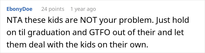 Comment explaining teen tells dad she&rsquo;s never babysitting step-siblings again, expressing frustration and advice to avoid babysitting.