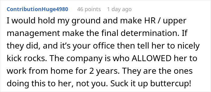 Comment text on a white background about a woman expecting her private office back after working from home for 2 years.