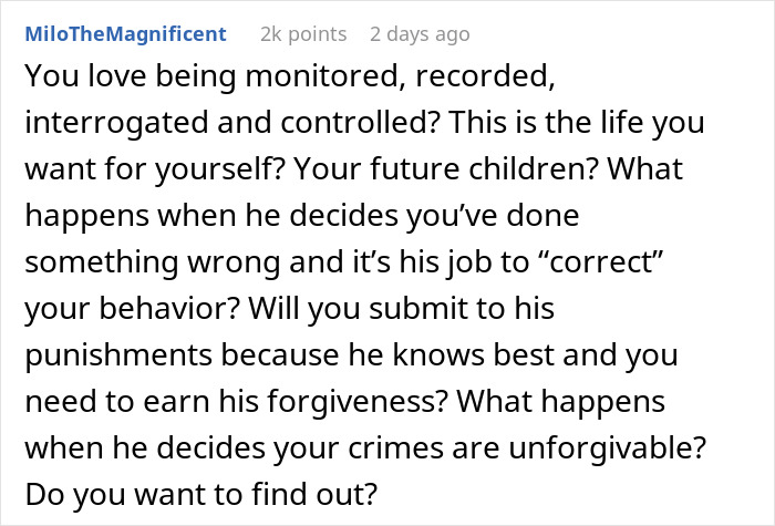 Comment by MiloTheMagnificent expressing distress about being monitored and controlled by a suspicious partner and the consequences of submitting to punishments.