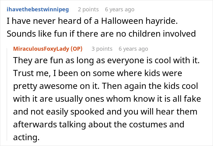 Screenshot of a discussion about haunted hayrides and kids&rsquo; reactions to spooky costumes and acting.