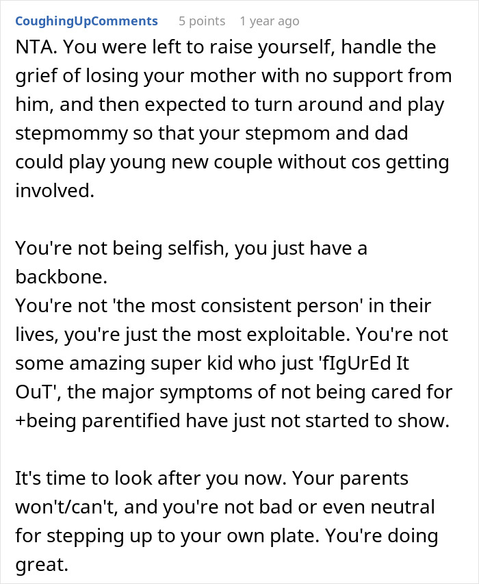 Reddit comment explaining why teen refusing to babysit step-siblings shows self-respect and boundary-setting.