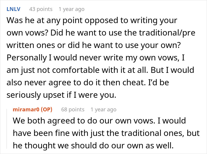 Screenshot of an online discussion about the groom’s vows making the wife emotional and how they agreed to write their own vows. Screenshot of an online discussion about the groom’s vows making the wife emotional and how they agreed to write their own vows.