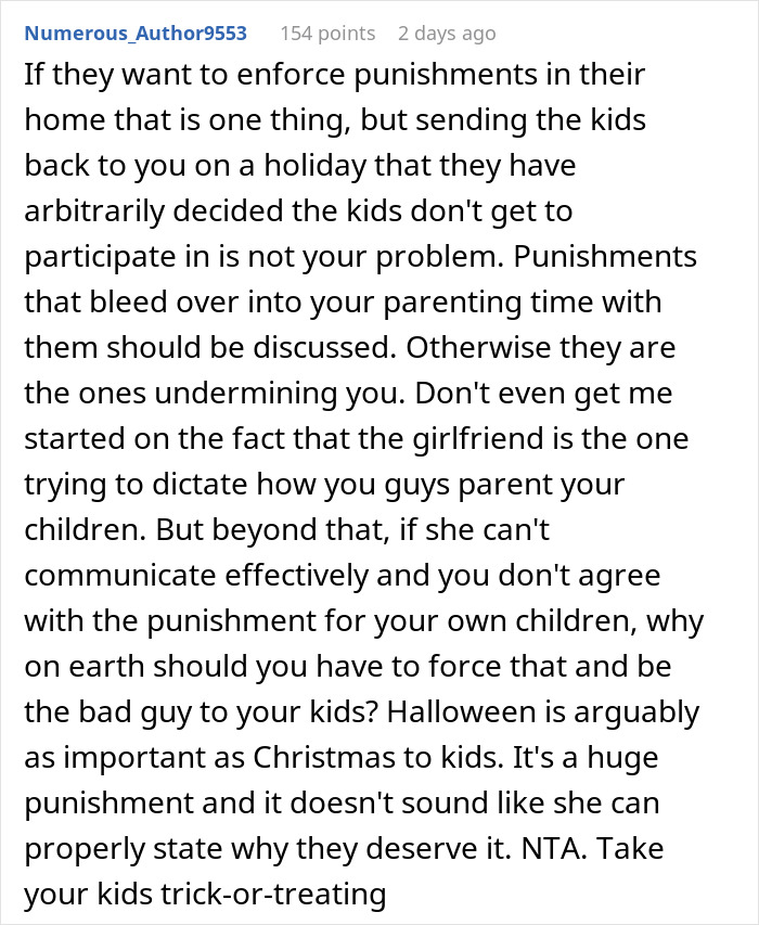 Reddit comment discussing a lady going on a power trip and making Halloween difficult for her boyfriend&rsquo;s kids.