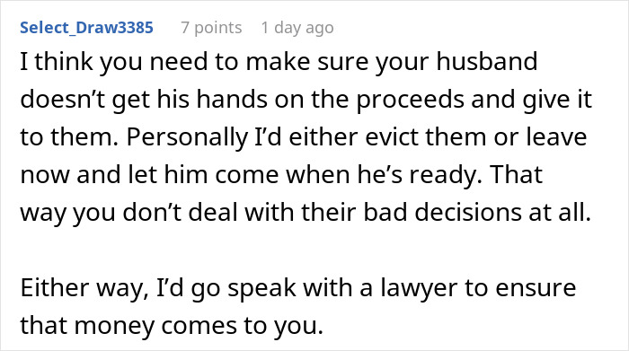 Screenshot of a Reddit comment advising on dealing with messy, mooching adult stepkids and protecting house sale proceeds.
