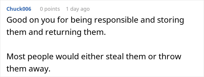 Screenshot of an online comment praising responsibility in handling packages sent to the wrong address.