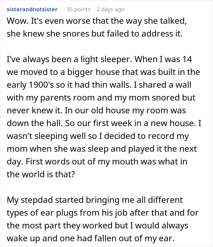 Text post discussing a woman&rsquo;s struggle with roommate&rsquo;s snoring keeping her awake and efforts to block the noise.