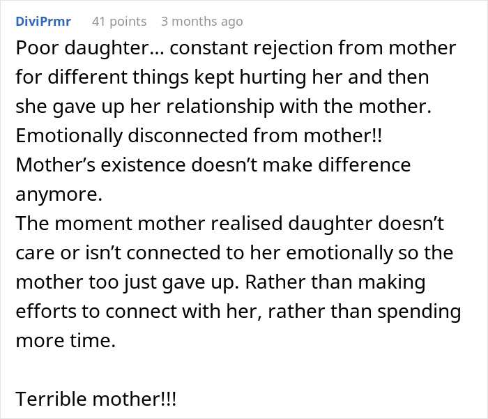 Comment discussing emotional disconnection between daughter and mother as wife prioritizes work over family.