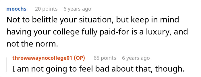 Conversation about college money challenges involving mom, dad, and the impact of family affairs on funding.