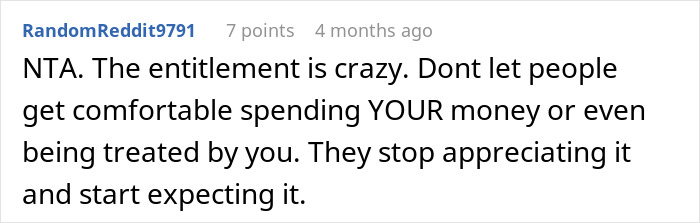 Screenshot of a Reddit comment discussing entitlement and a rich man refusing to pay for a cake ordered by his SIL.