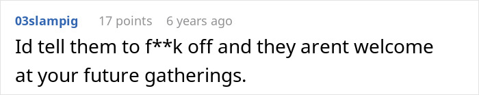 Screenshot of an online comment with strong language about in-laws making fun of a woman for Thanksgiving dinner. Screenshot of an online comment with strong language about in-laws making fun of a woman for Thanksgiving dinner.