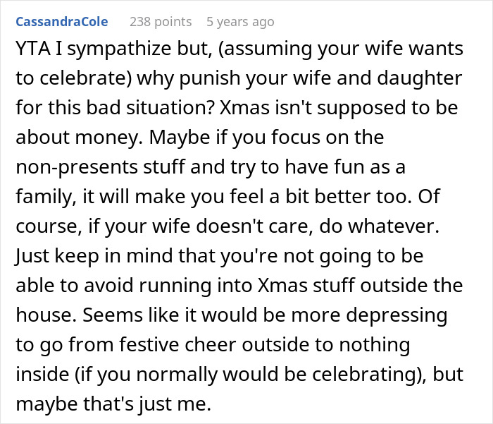 Commenter discussing father's decision to cancel Christmas due to affordability and its emotional impact on family.