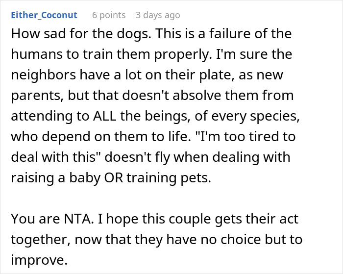 Comment about neighbors unable to keep their dogs quiet, highlighting frustration over noisy pets and training issues.