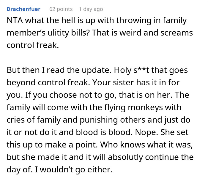 Commenter discussing family conflict and control issues related to refusing to bring expensive food on Thanksgiving.