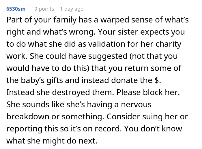 Comment discussing a woman destroying child's Christmas presents due to sister not doing enough for charity.